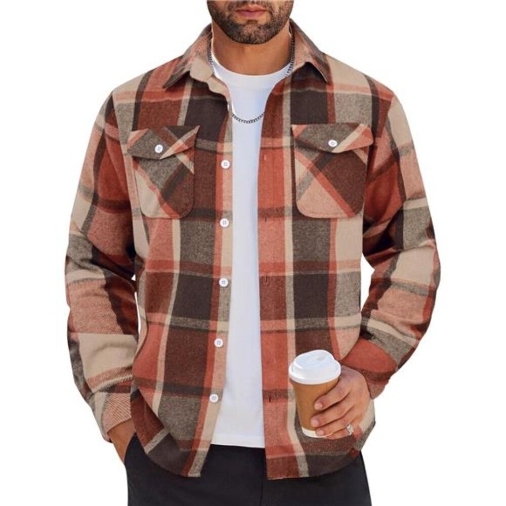 Plaid Flannel Shirt Men Long Sleeve Button Down Casual